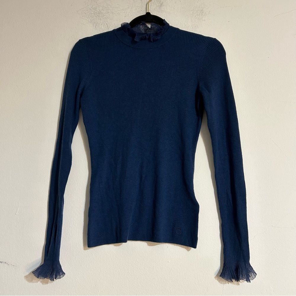 Ted Baker Dvana Frilled Trim Mock Neck Ribbed Sweater Navy Whimsigoth Fairy